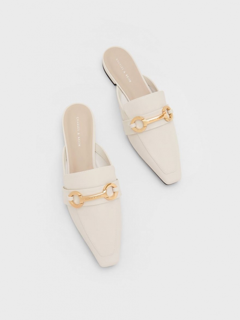 Charles And Keith Metallic Accent Tapered Flat Mules White | PHILIPPINES J451