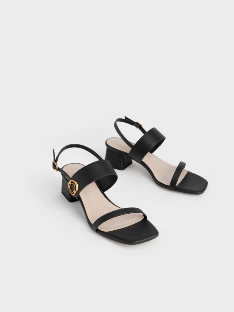 Charles And Keith Metallic Accent Trapeze Heels Sandals Black | PHILIPPINES N206