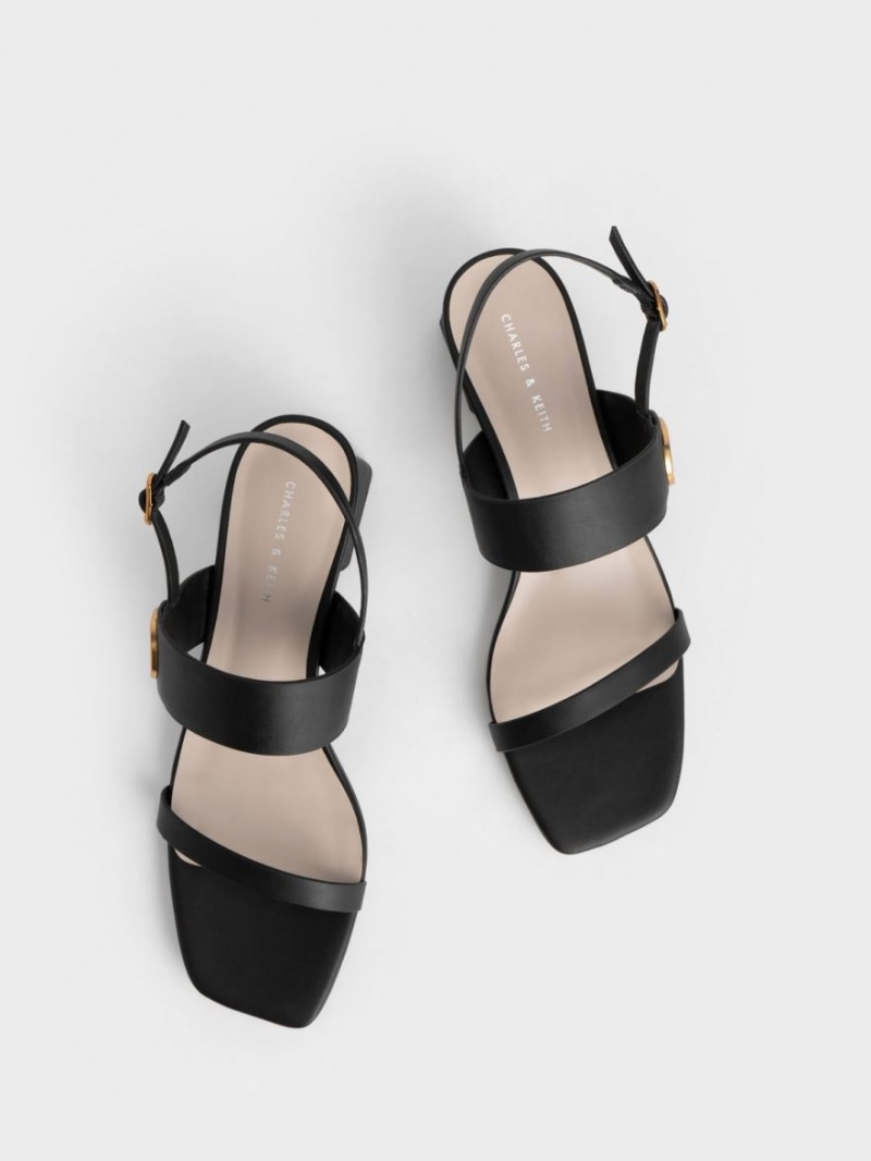 Charles And Keith Metallic Accent Trapeze Heels Sandals Black | PHILIPPINES N206