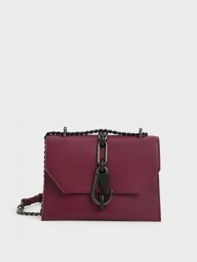 Charles And Keith Metallic Accent Turn-Lock Crossbody Bags Burgundy | PHILIPPINES W865