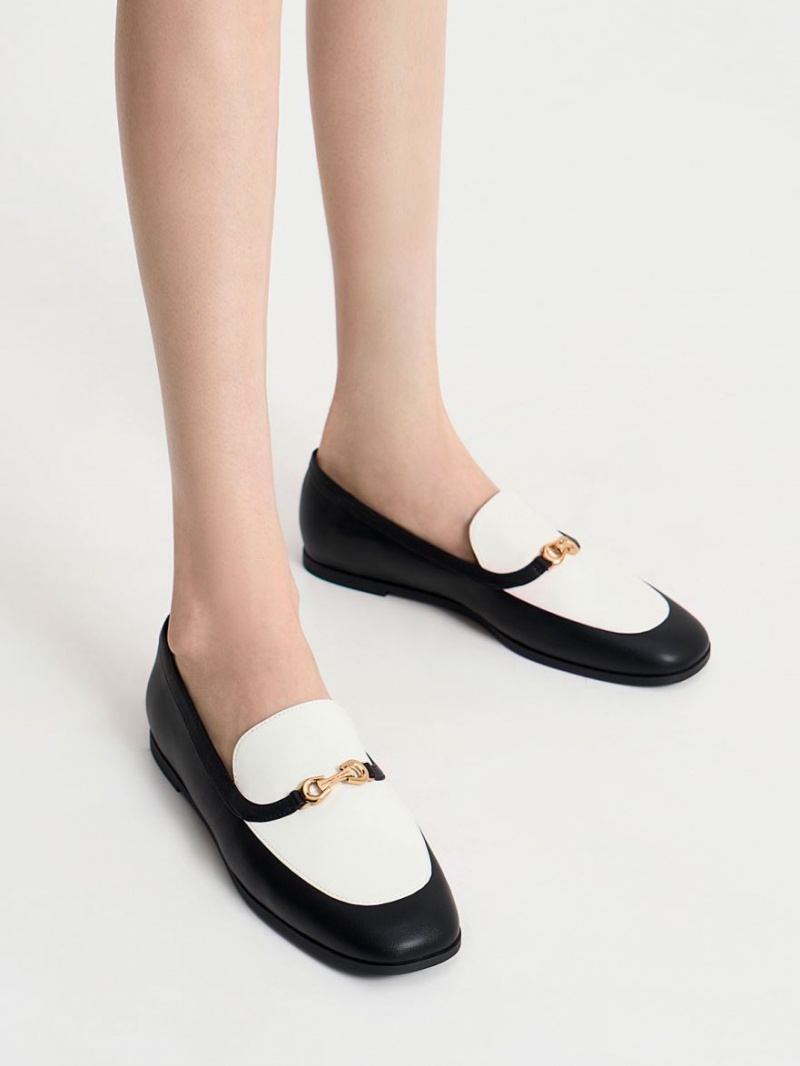 Charles And Keith Metallic Accent Two-Tone Round-Toe Loafers Black / White | PHILIPPINES G840