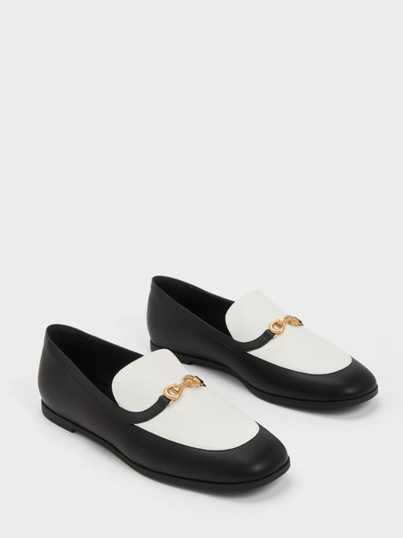 Charles And Keith Metallic Accent Two-Tone Round-Toe Loafers Black / White | PHILIPPINES G840