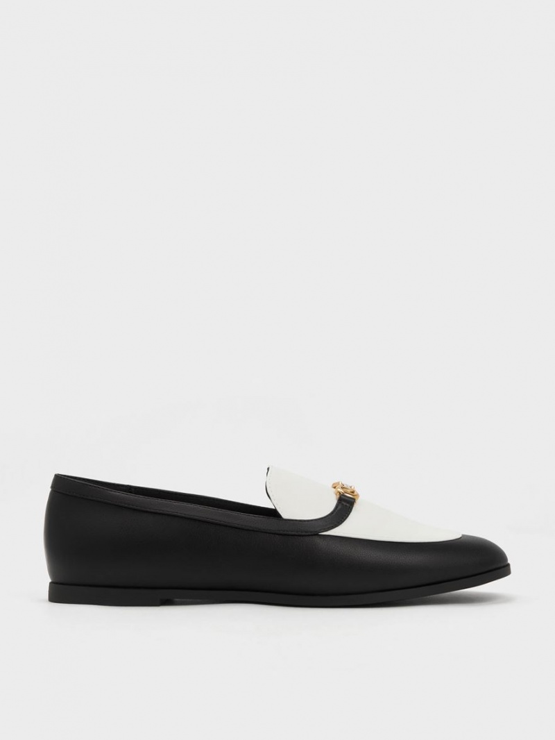 Charles And Keith Metallic Accent Two-Tone Round-Toe Loafers Black / White | PHILIPPINES G840