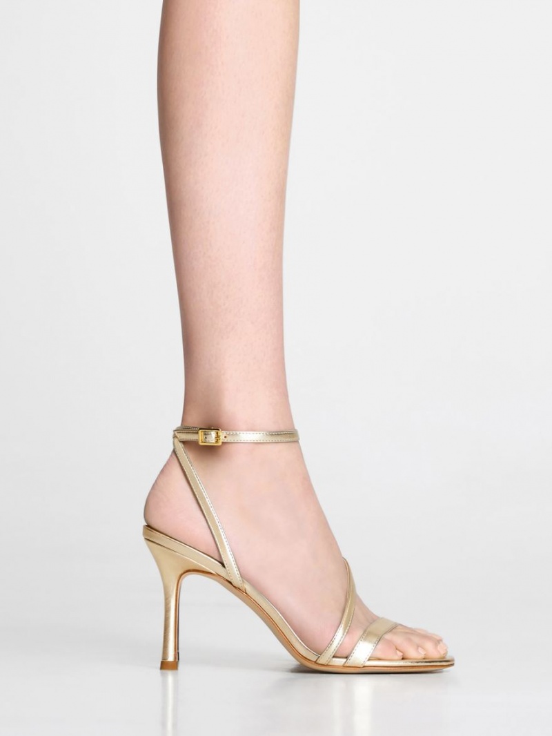 Charles And Keith Metallic Asymmetric Strappy Heels Sandals Gold | PHILIPPINES J215