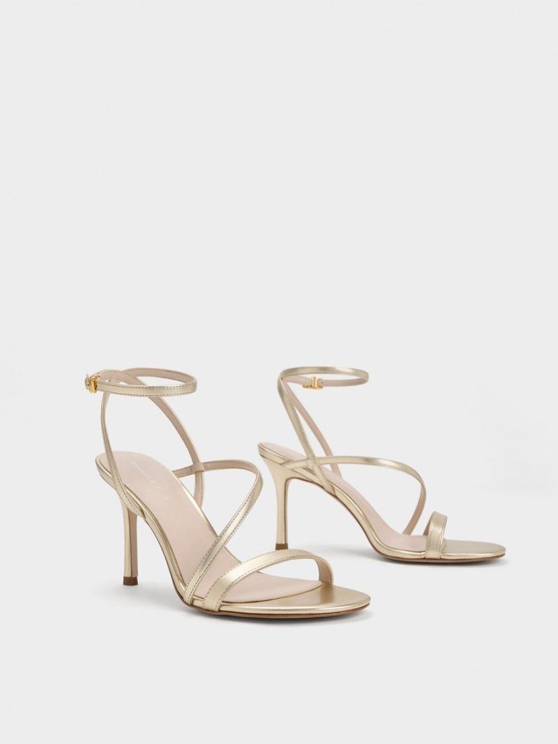 Charles And Keith Metallic Asymmetric Strappy Heels Sandals Gold | PHILIPPINES J215