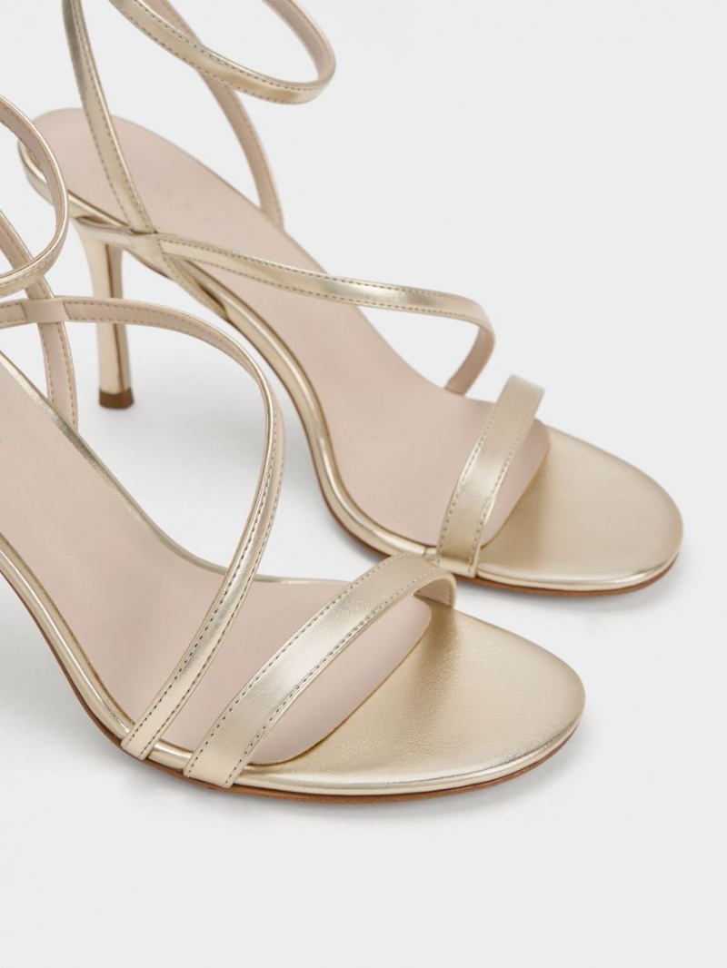 Charles And Keith Metallic Asymmetric Strappy Heels Sandals Gold | PHILIPPINES J215