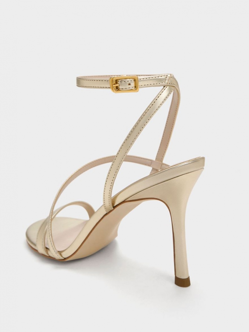 Charles And Keith Metallic Asymmetric Strappy Heels Sandals Gold | PHILIPPINES J215