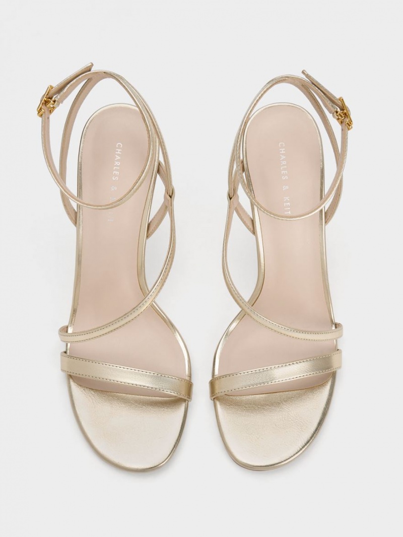 Charles And Keith Metallic Asymmetric Strappy Heels Sandals Gold | PHILIPPINES J215