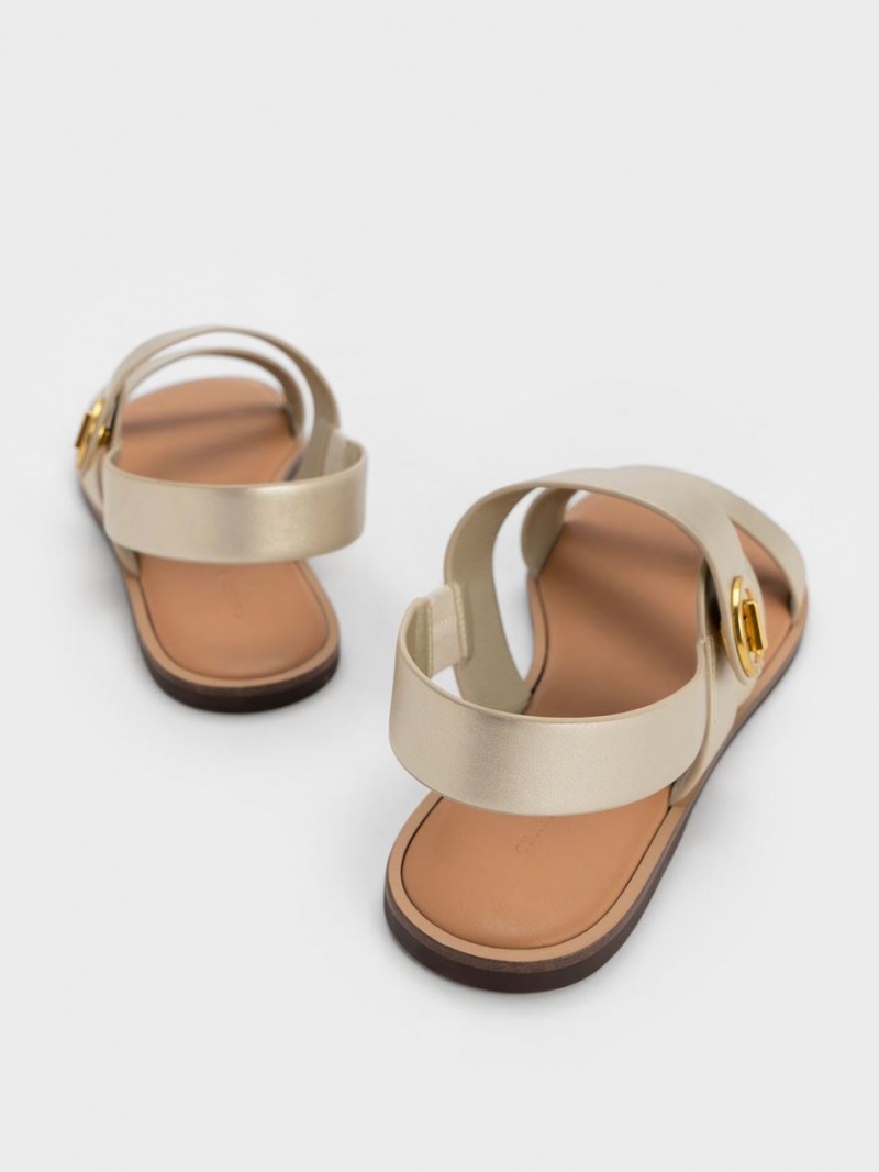 Charles And Keith Metallic Asymmetric Strap Sandals Gold | PHILIPPINES G023