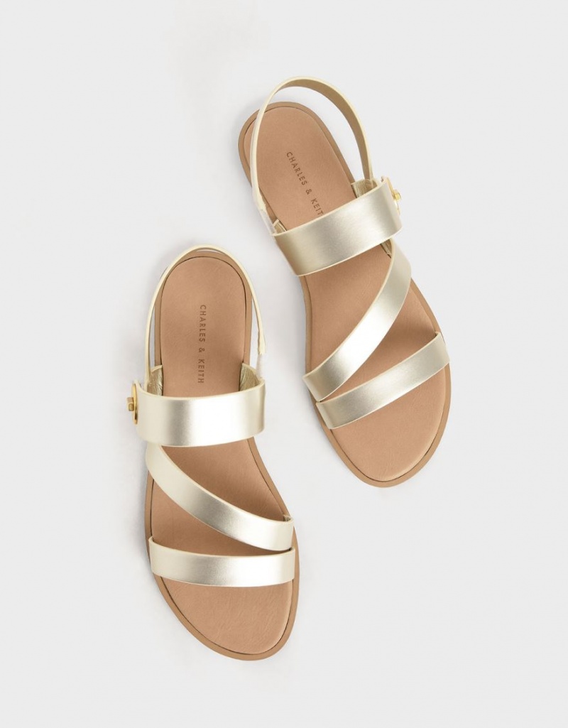 Charles And Keith Metallic Asymmetric Strap Sandals Gold | PHILIPPINES G023