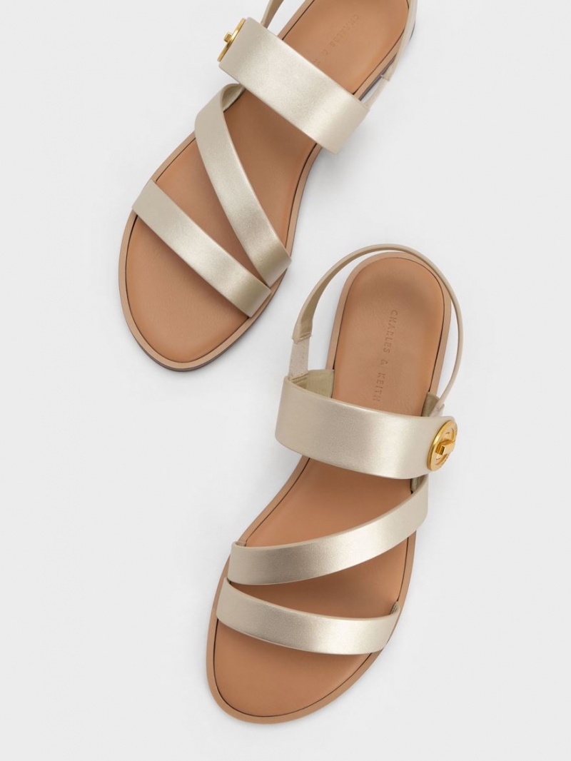 Charles And Keith Metallic Asymmetric Strap Sandals Gold | PHILIPPINES G023