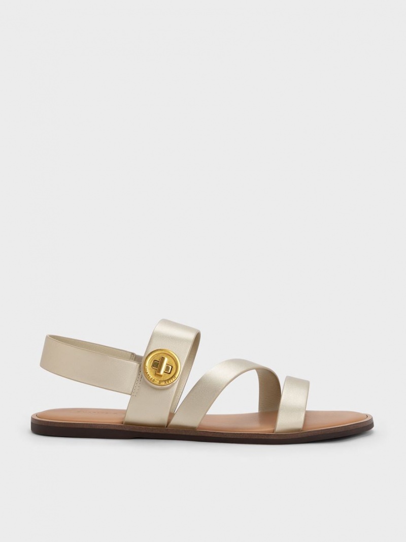 Charles And Keith Metallic Asymmetric Strap Sandals Gold | PHILIPPINES G023