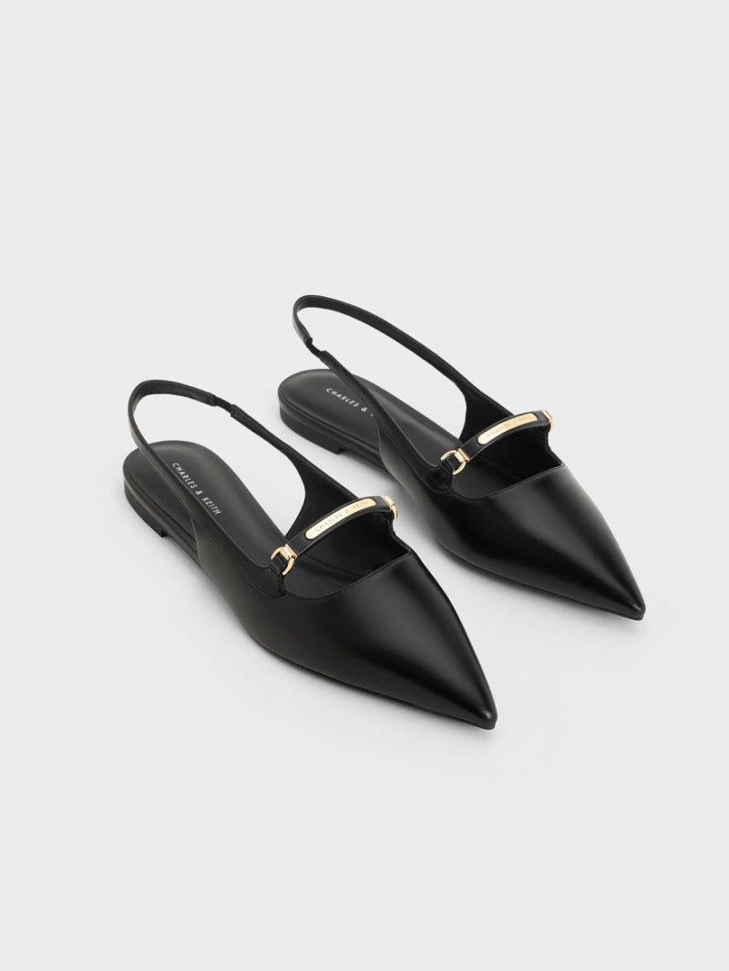 Charles And Keith Metallic Bar Accent Slingback Flat Shoes Black | PHILIPPINES I568