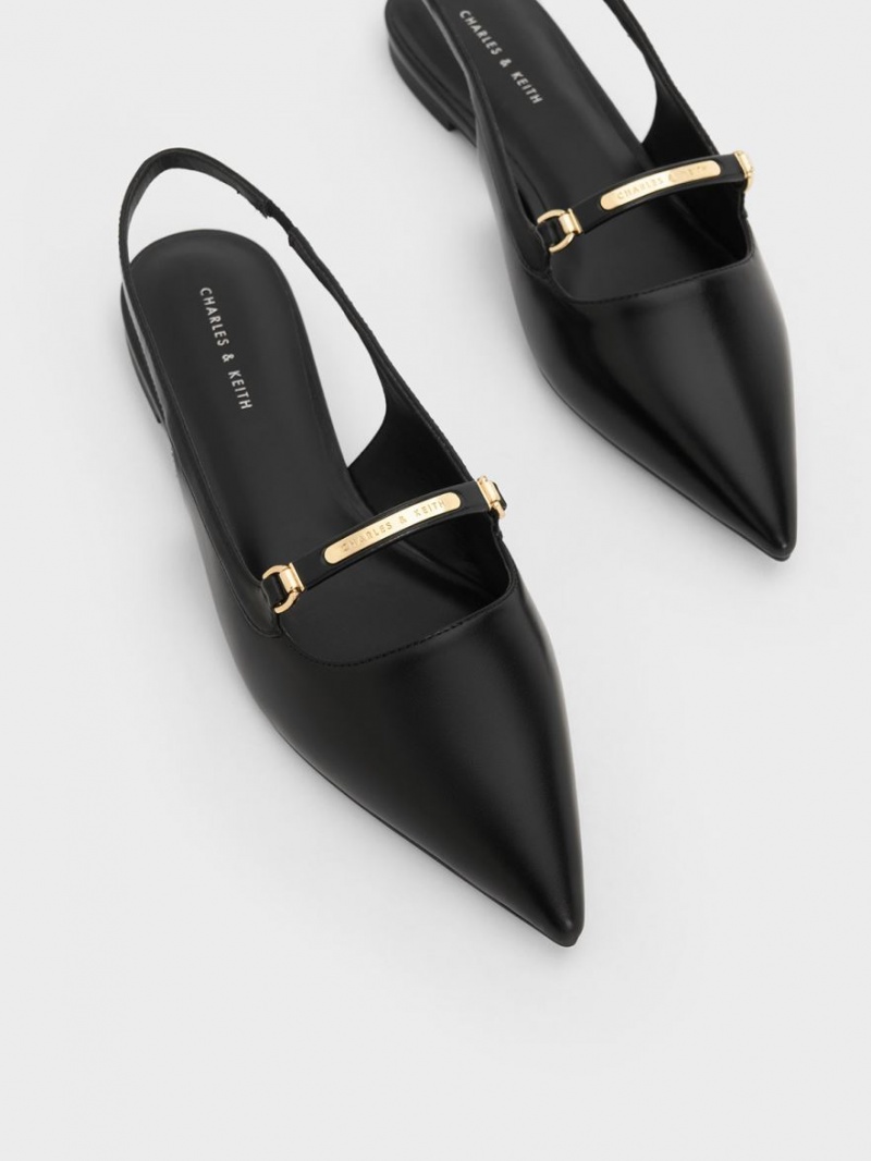 Charles And Keith Metallic Bar Accent Slingback Flat Shoes Black | PHILIPPINES I568