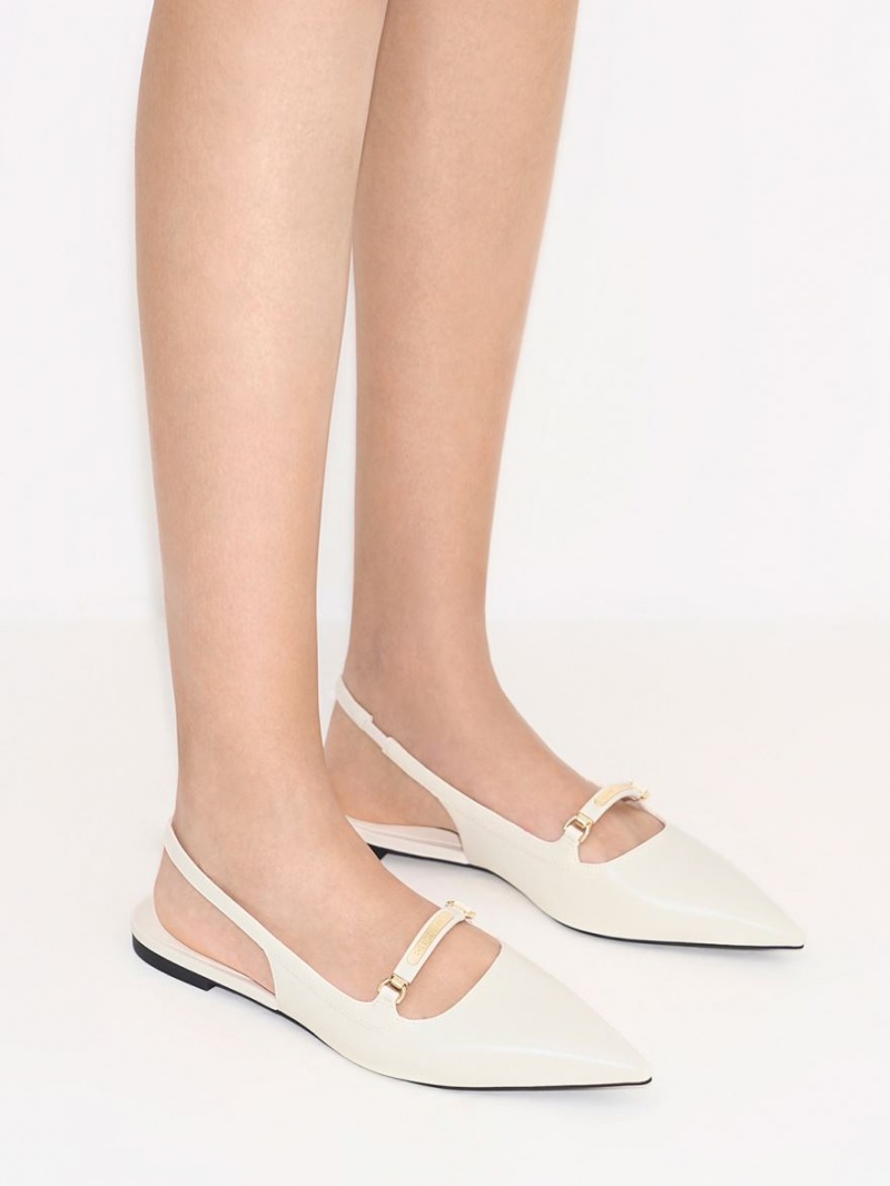 Charles And Keith Metallic Bar Accent Slingback Flat Shoes Cream | PHILIPPINES S956