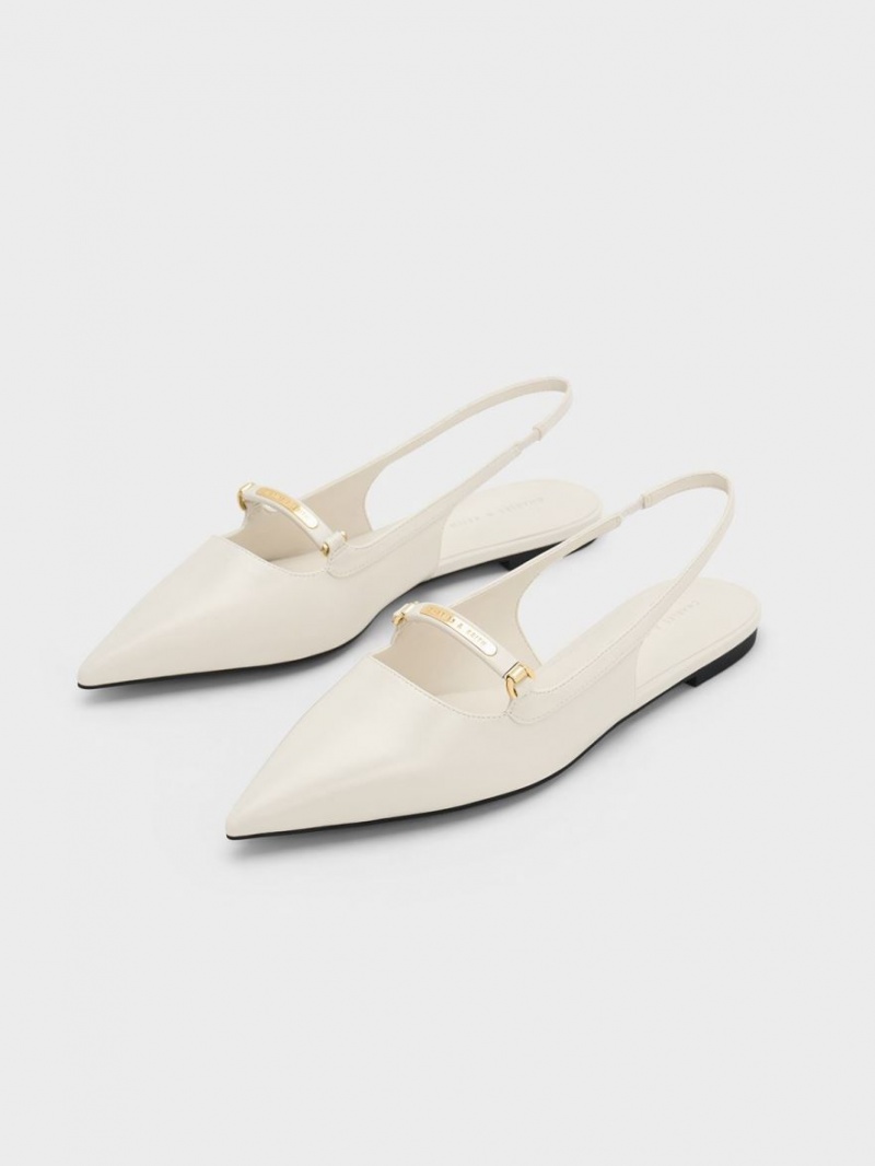 Charles And Keith Metallic Bar Accent Slingback Flat Shoes Cream | PHILIPPINES S956