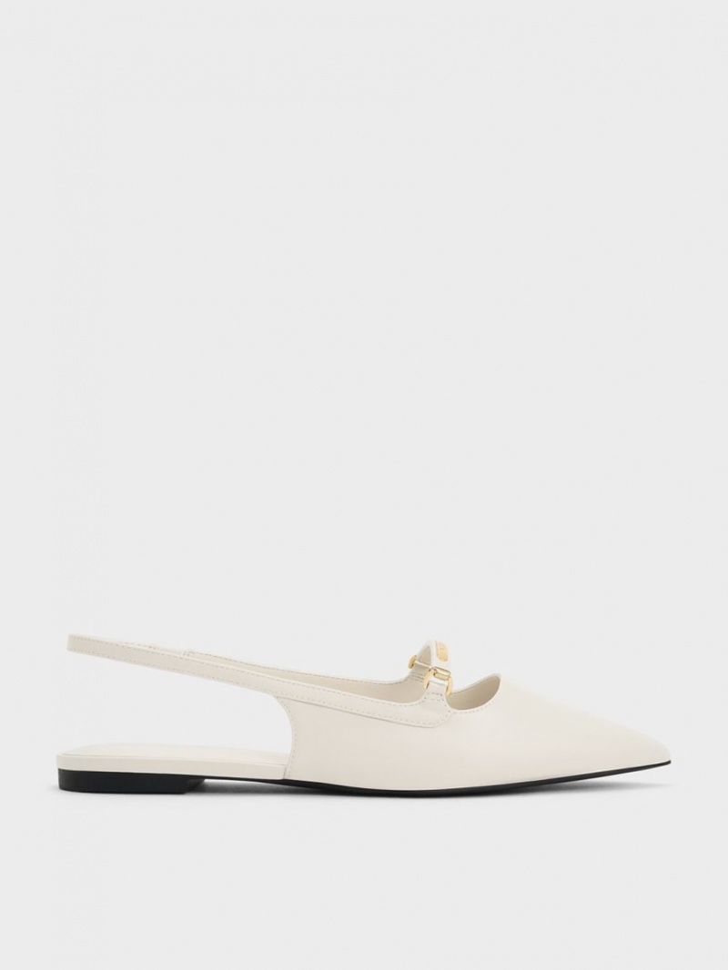 Charles And Keith Metallic Bar Accent Slingback Flat Shoes Cream | PHILIPPINES S956