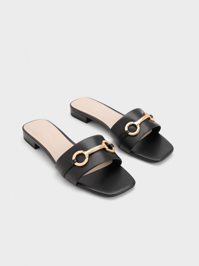 Charles And Keith Metallic Bar Slide Sandals Black | PHILIPPINES R180