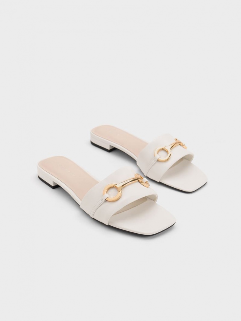 Charles And Keith Metallic Bar Slide Sandals White | PHILIPPINES Y490