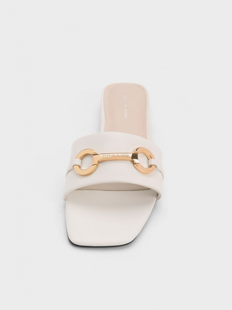 Charles And Keith Metallic Bar Slide Sandals White | PHILIPPINES Y490