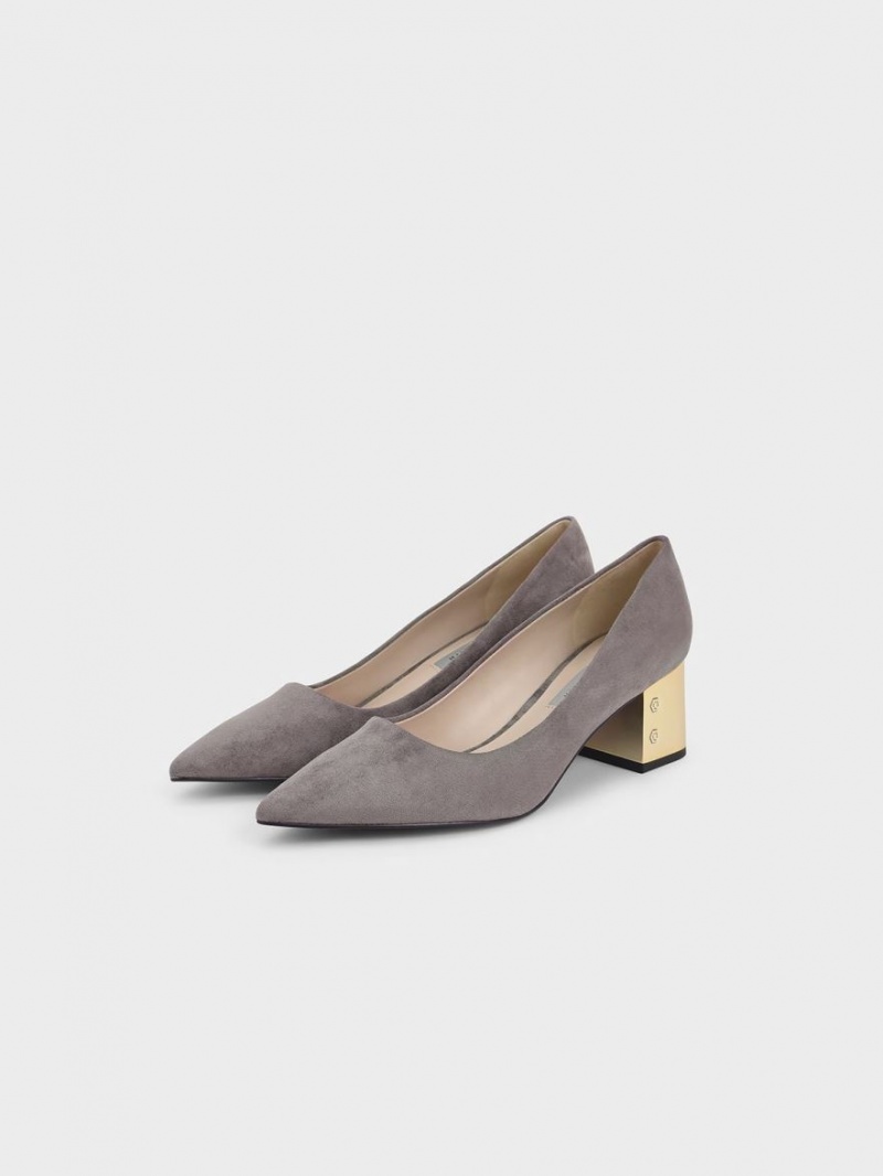 Charles And Keith Metallic Block Heel Textured Pumps Grey | PHILIPPINES L415