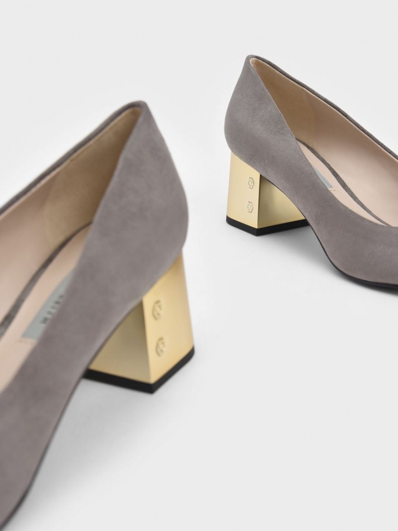 Charles And Keith Metallic Block Heel Textured Pumps Grey | PHILIPPINES L415