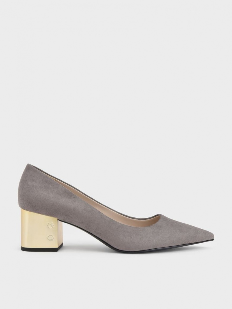 Charles And Keith Metallic Block Heel Textured Pumps Grey | PHILIPPINES L415