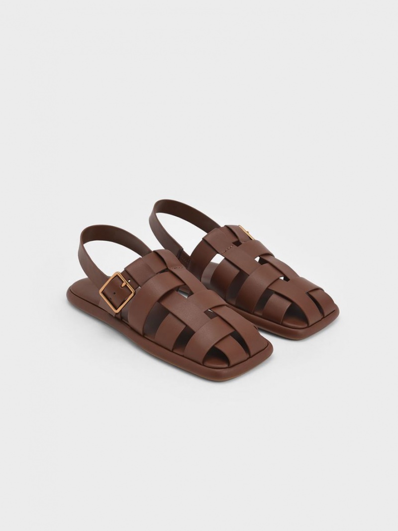 Charles And Keith Metallic Buckle Caged Slingback Flat Sandals Brown | PHILIPPINES K413