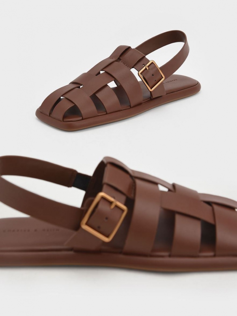 Charles And Keith Metallic Buckle Caged Slingback Flat Sandals Brown | PHILIPPINES K413