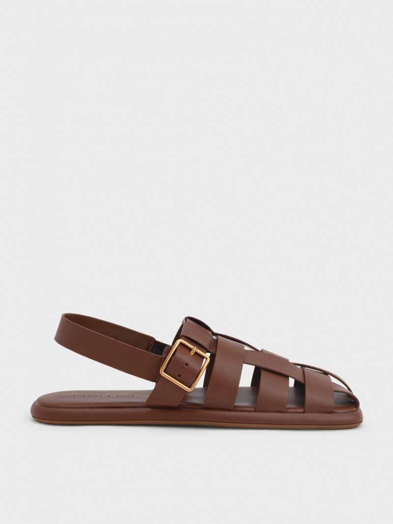 Charles And Keith Metallic Buckle Caged Slingback Flat Sandals Brown | PHILIPPINES K413