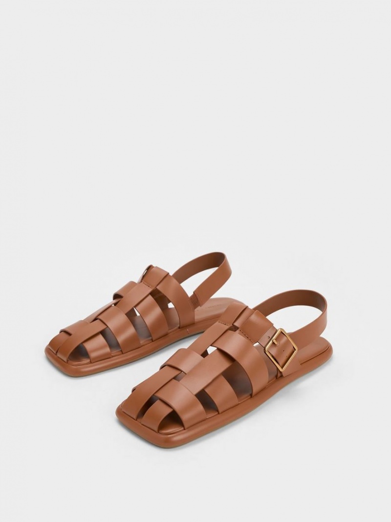 Charles And Keith Metallic Buckle Caged Slingback Flat Sandals Brown | PHILIPPINES P094