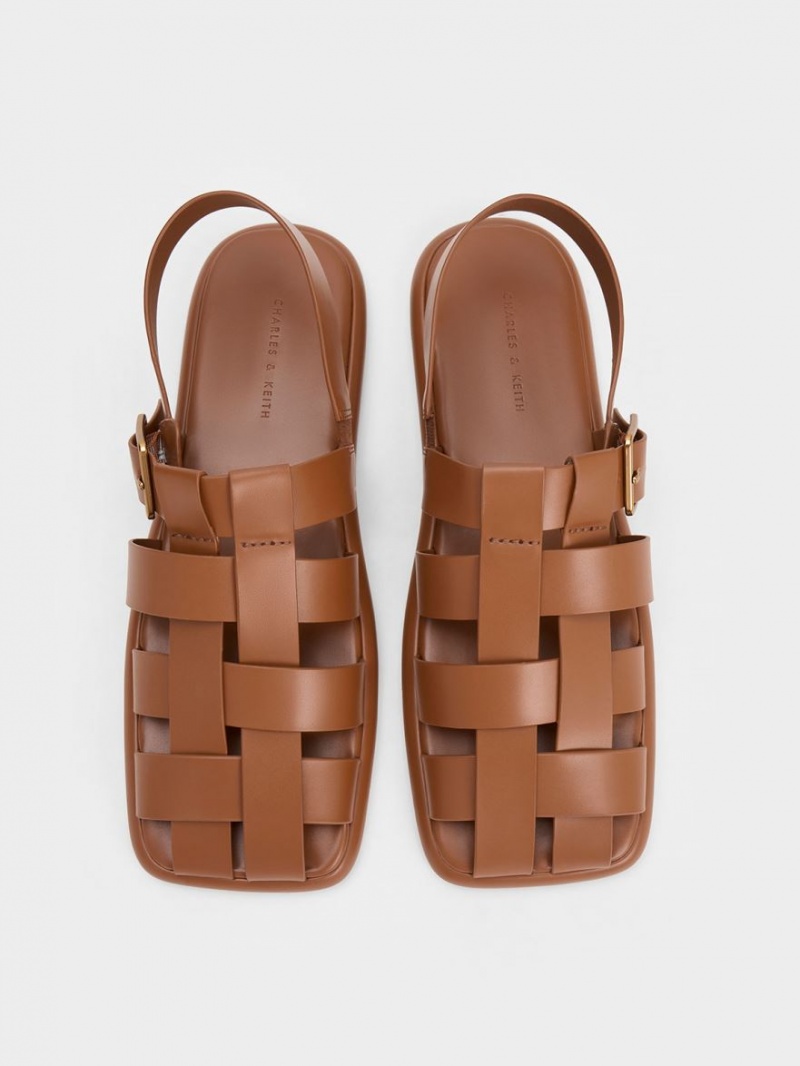 Charles And Keith Metallic Buckle Caged Slingback Flat Sandals Brown | PHILIPPINES P094