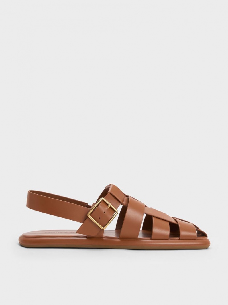 Charles And Keith Metallic Buckle Caged Slingback Flat Sandals Brown | PHILIPPINES P094