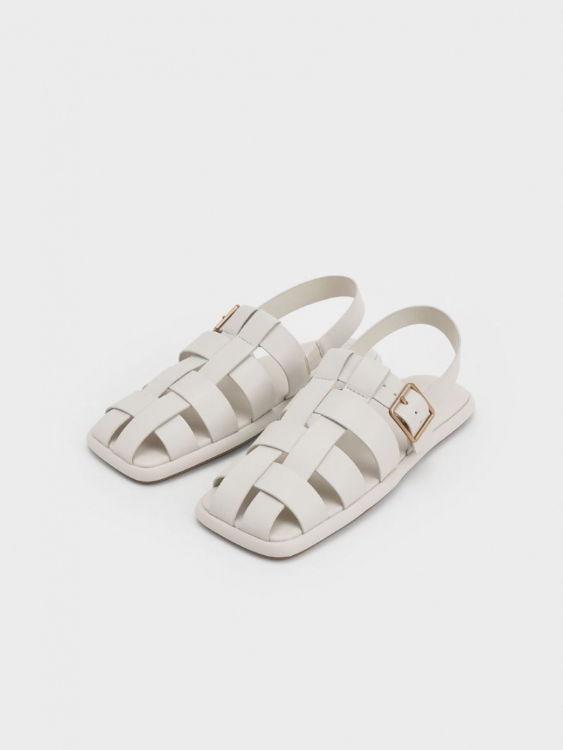 Charles And Keith Metallic Buckle Caged Slingback Flat Sandals White | PHILIPPINES T164