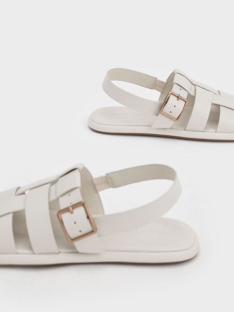 Charles And Keith Metallic Buckle Caged Slingback Flat Sandals White | PHILIPPINES T164