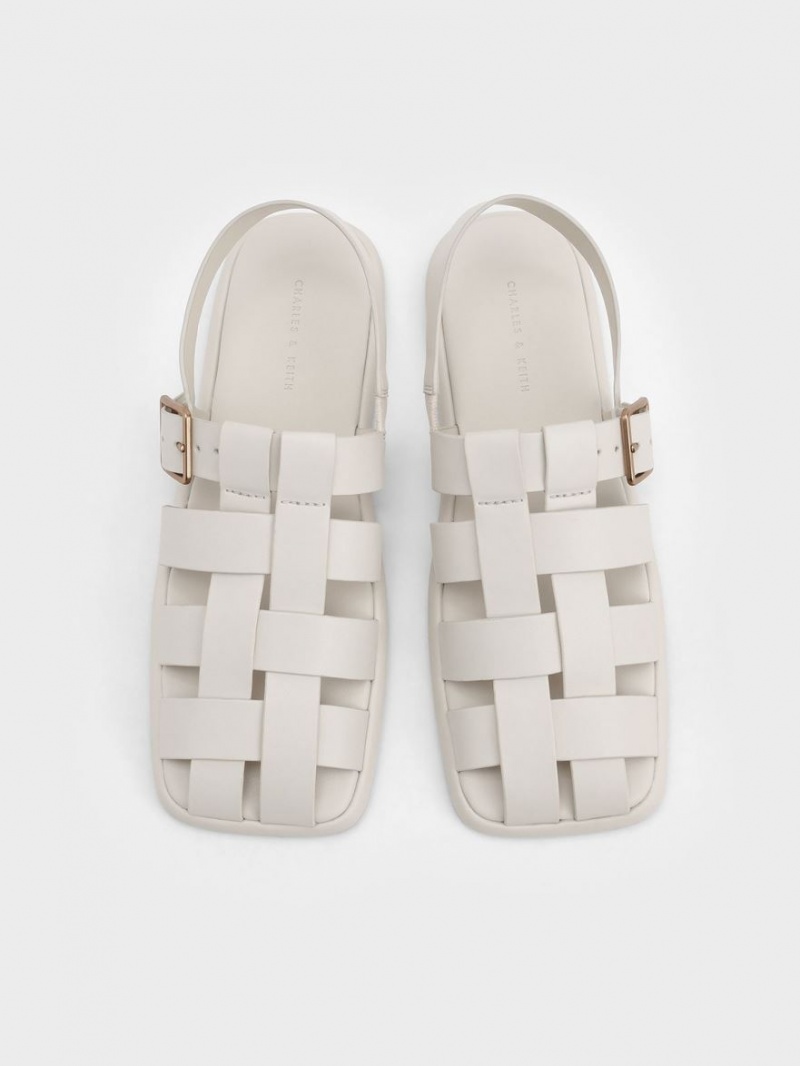 Charles And Keith Metallic Buckle Caged Slingback Flat Sandals White | PHILIPPINES T164