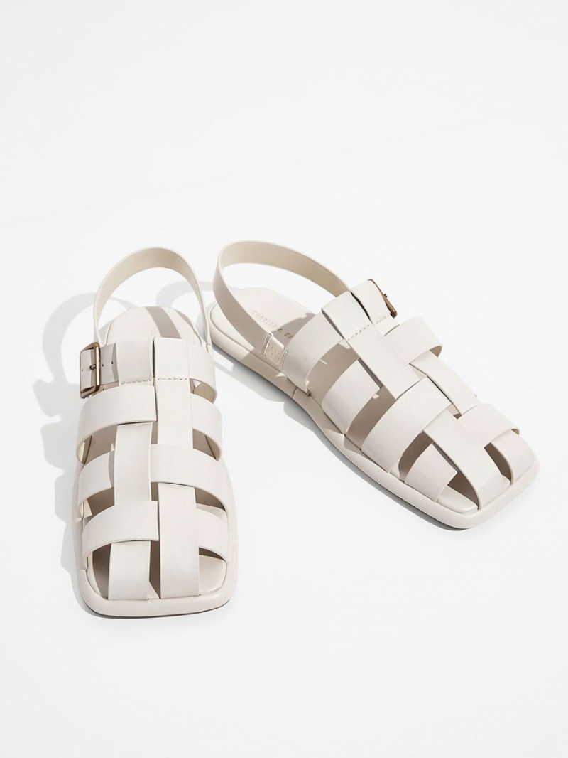 Charles And Keith Metallic Buckle Caged Slingback Flat Sandals White | PHILIPPINES T164