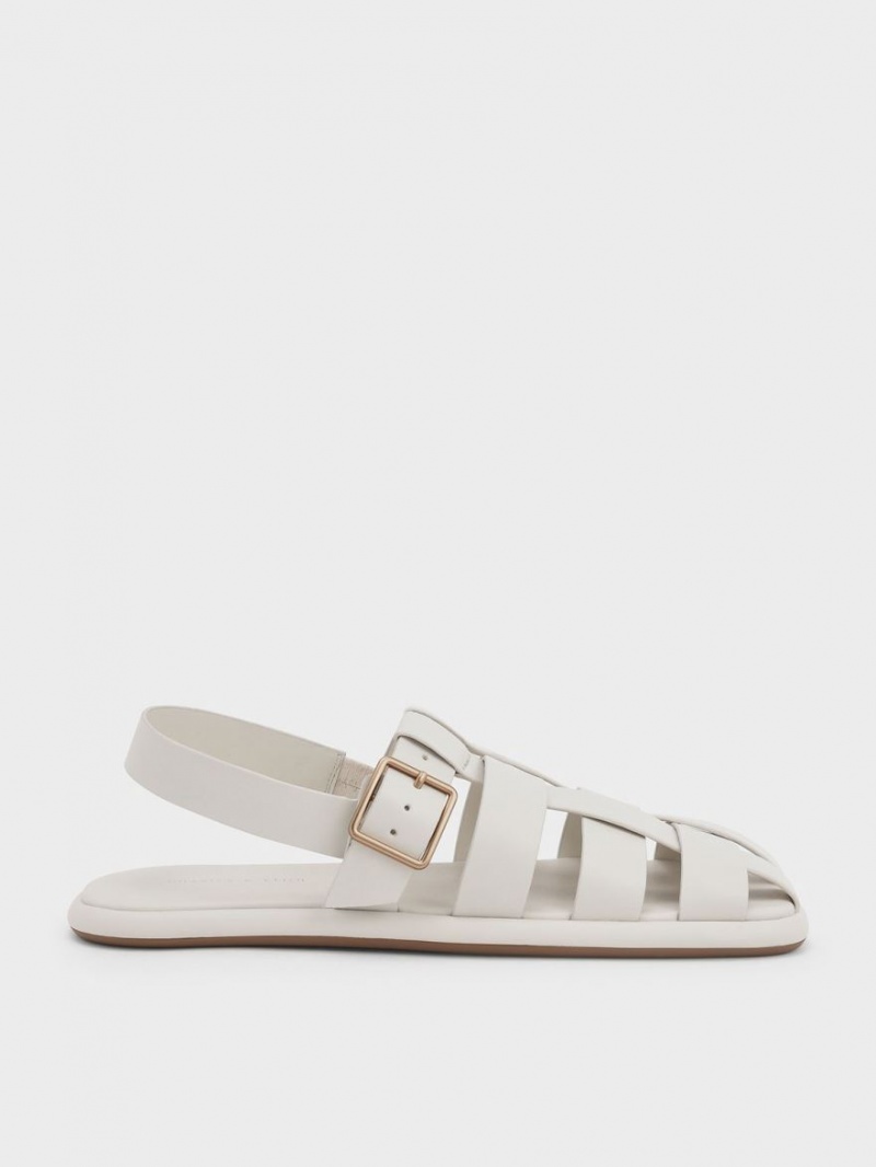 Charles And Keith Metallic Buckle Caged Slingback Flat Sandals White | PHILIPPINES T164