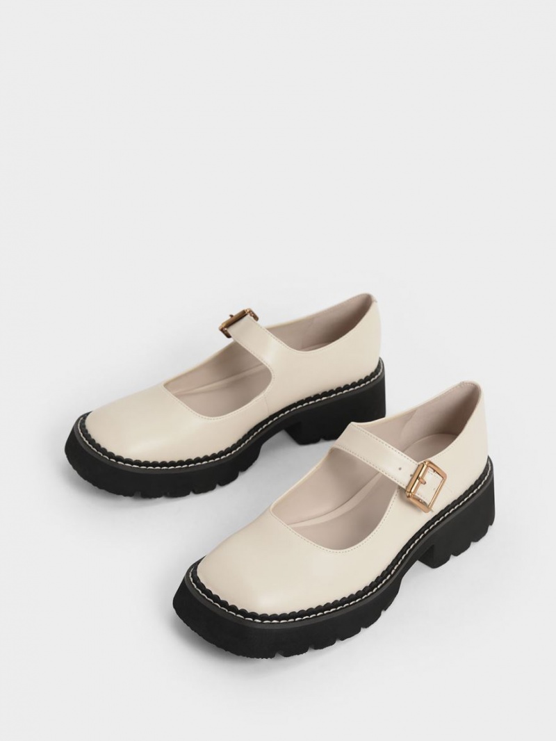 Charles And Keith Metallic Buckle Mary Jane Shoes White | PHILIPPINES B094