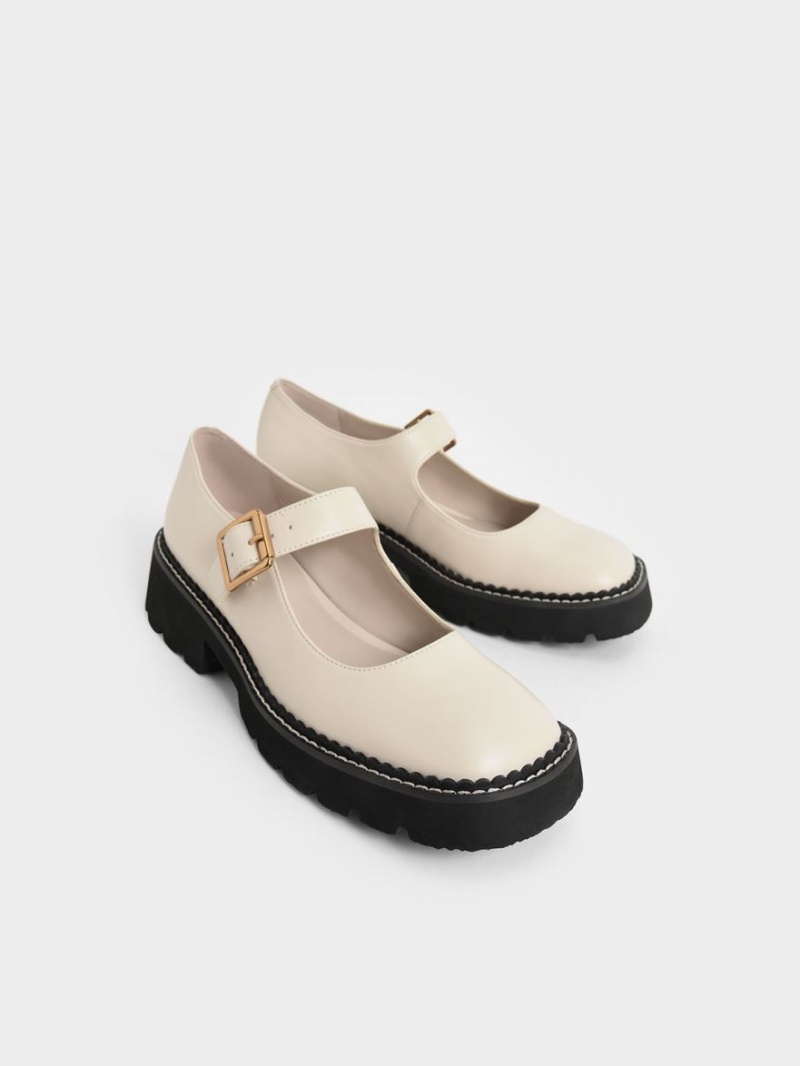 Charles And Keith Metallic Buckle Mary Jane Shoes White | PHILIPPINES B094