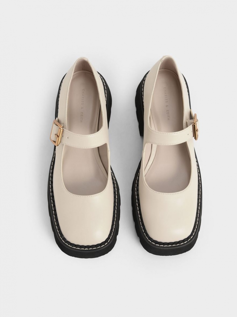 Charles And Keith Metallic Buckle Mary Jane Shoes White | PHILIPPINES B094