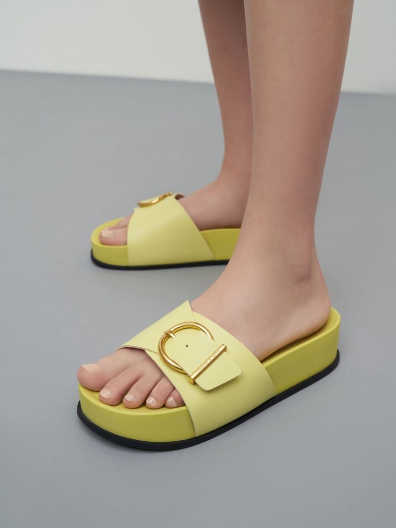 Charles And Keith Metallic Buckle Platform Sandals Yellow | PHILIPPINES E823