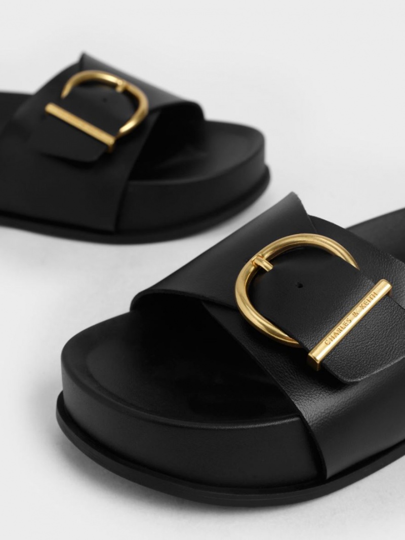 Charles And Keith Metallic Buckle Platform Sandals Black | PHILIPPINES S045