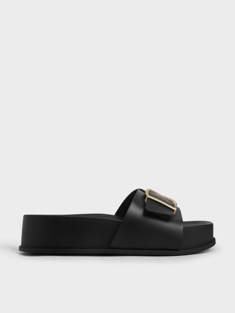 Charles And Keith Metallic Buckle Platform Sandals Black | PHILIPPINES S045