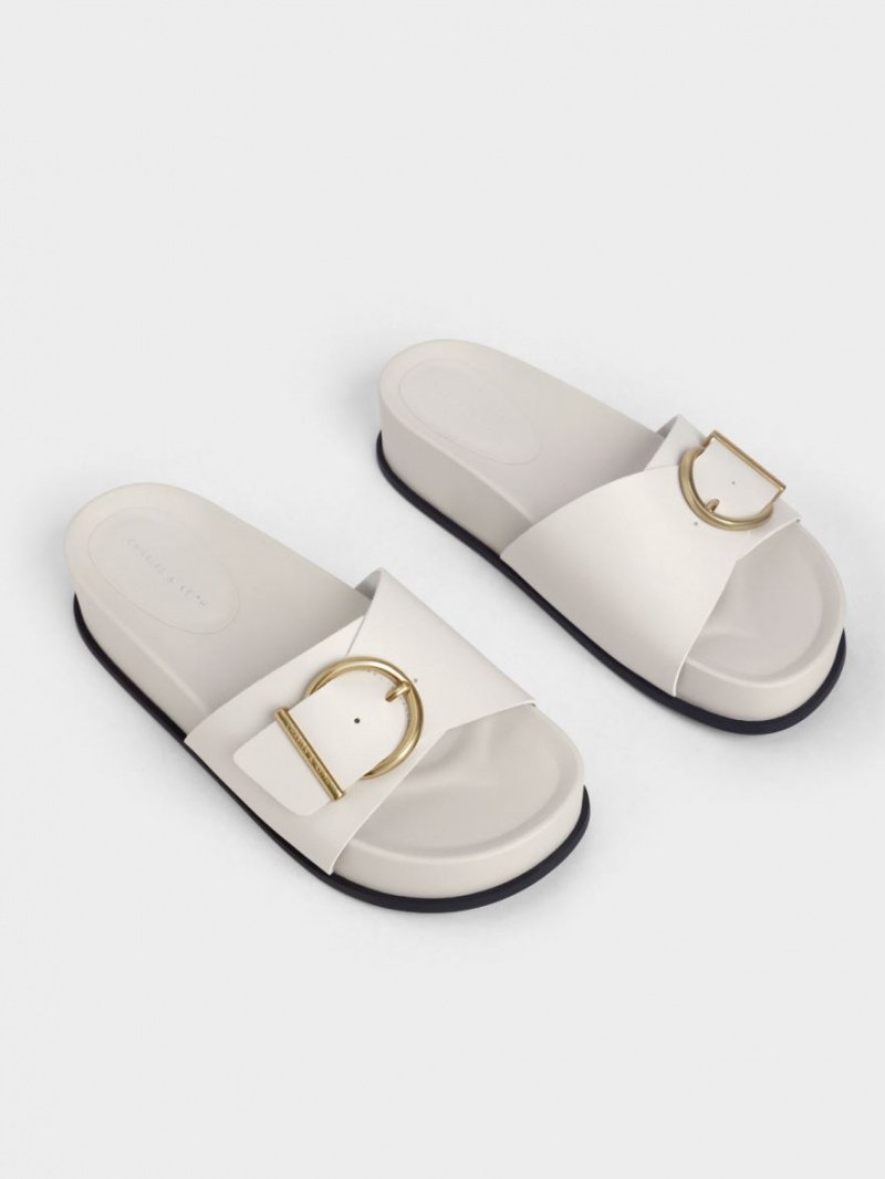 Charles And Keith Metallic Buckle Platform Sandals White | PHILIPPINES E321