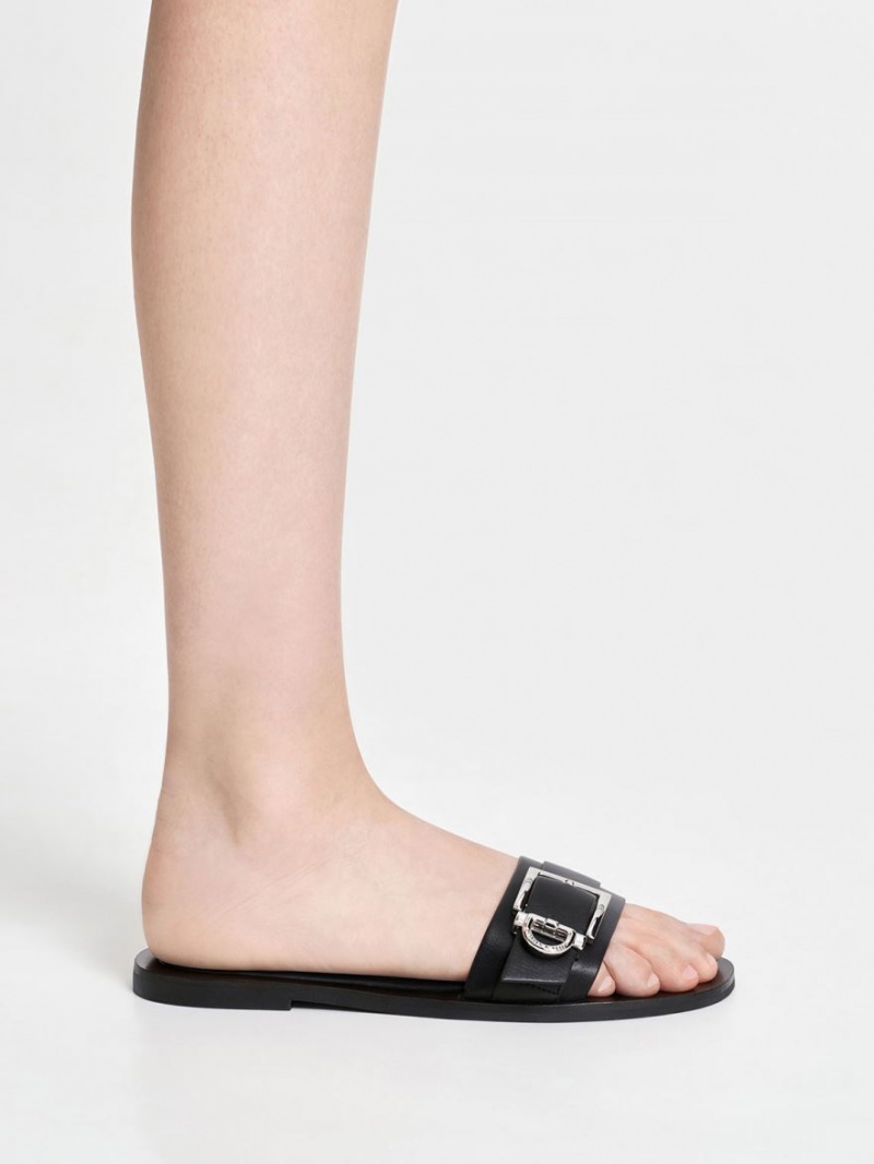 Charles And Keith Metallic Buckle Slides Black | PHILIPPINES N326