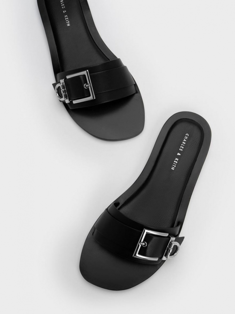 Charles And Keith Metallic Buckle Slides Black | PHILIPPINES N326