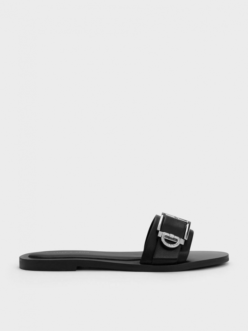 Charles And Keith Metallic Buckle Slides Black | PHILIPPINES N326