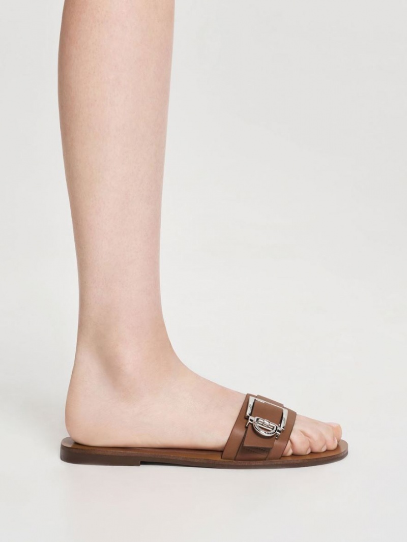 Charles And Keith Metallic Buckle Slides Brown | PHILIPPINES Z856