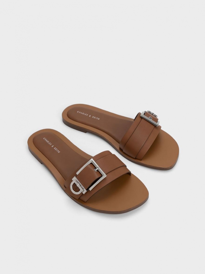 Charles And Keith Metallic Buckle Slides Brown | PHILIPPINES Z856